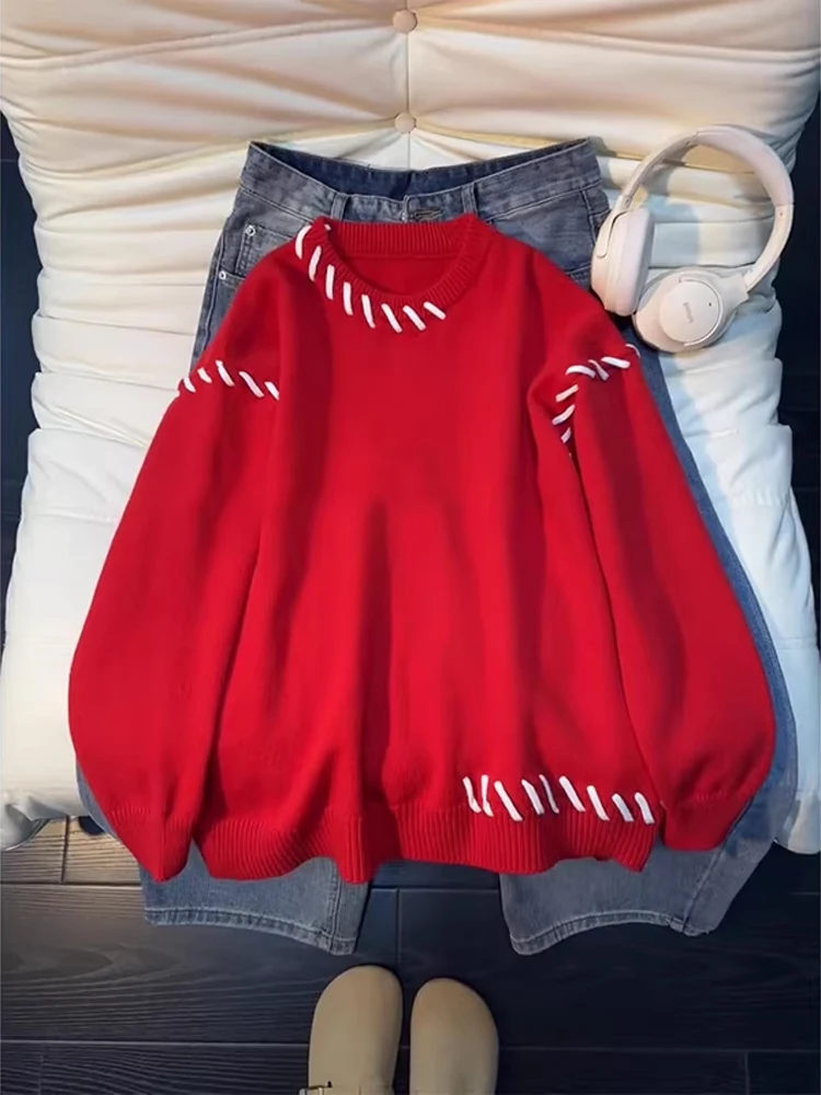 

Red Spliced round Ne Knitwear Men's Sle Cleanfit Lazy High-End Feeling Inner Wear Warmth Autumn Winter Casual Loose Fit