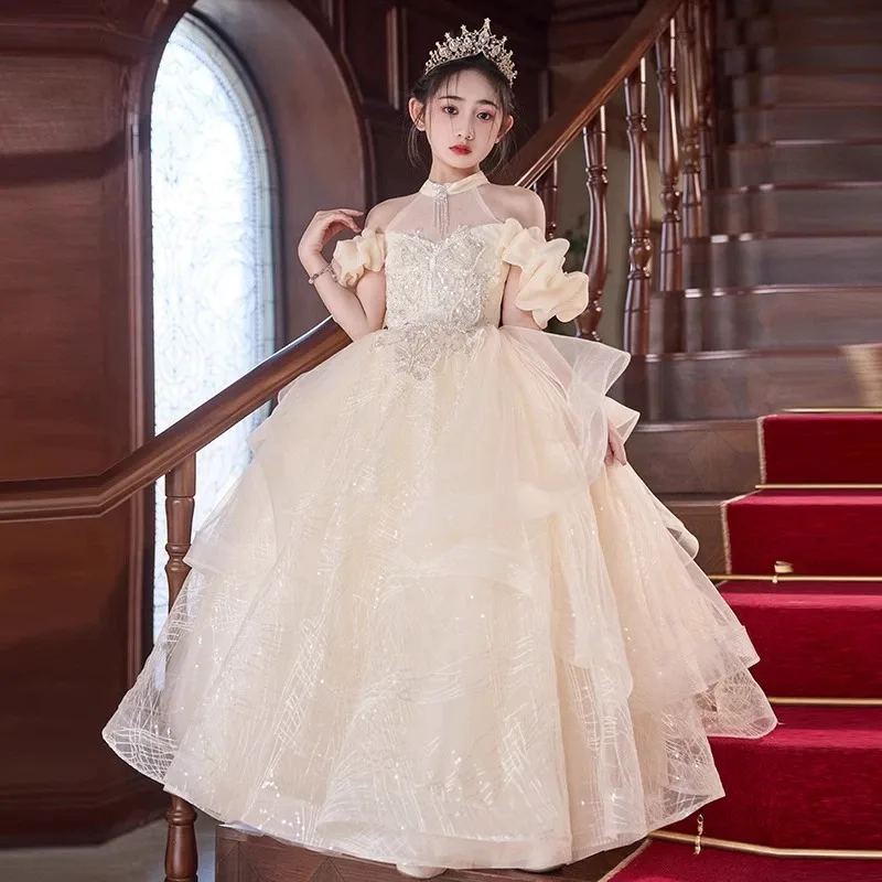 Girl Princess Dresses Champagne Flower Girls Wedding Party Dress New Ball Gowns High-Necked Gown Beauty Contest Customized