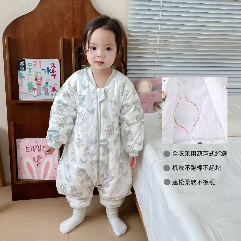 Children's Split-Leg Sleeping Bag Infant Crawling Suit Category A Detachable Sleeves Autumn/Winter 100% Cotton Medium-Weight