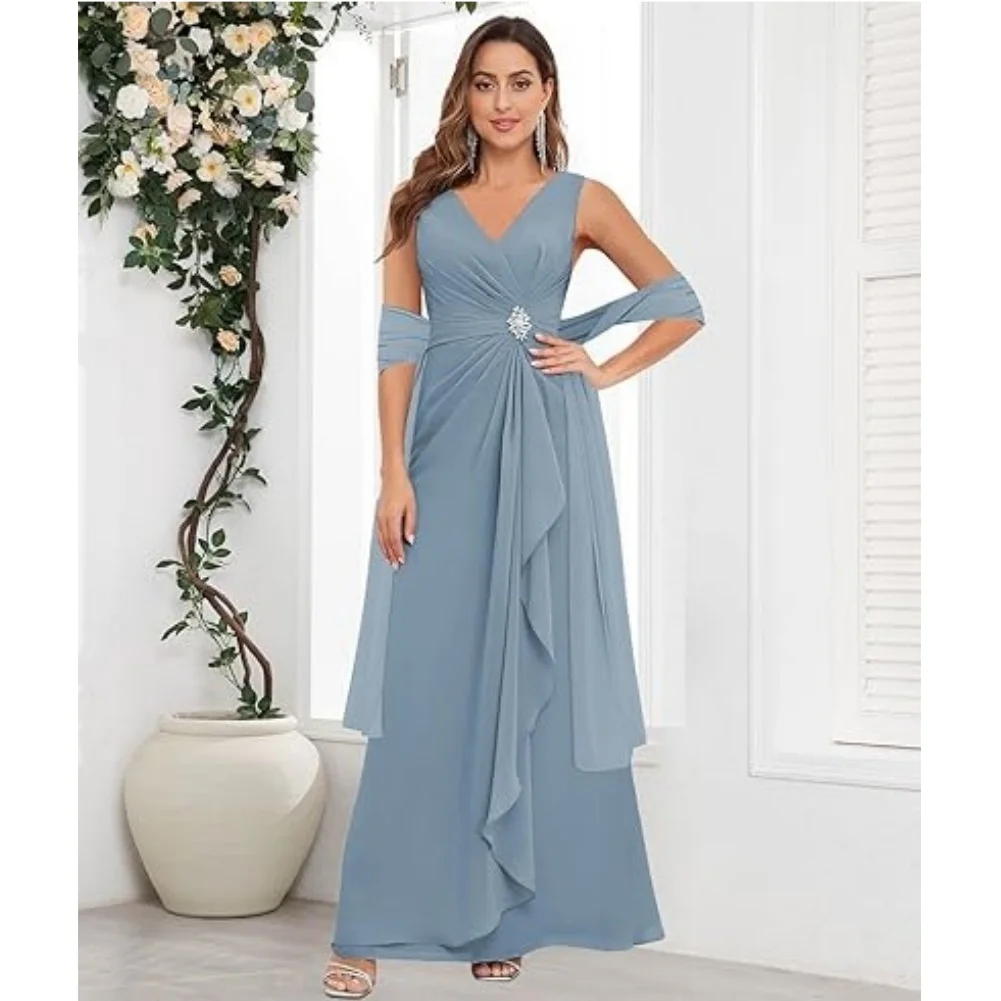 

Mother of The Bride Dresses with Shawl Womens Chiffon Ruffles Beaded Wedding Guest Dress A-Line Long Formal Evening Gowns