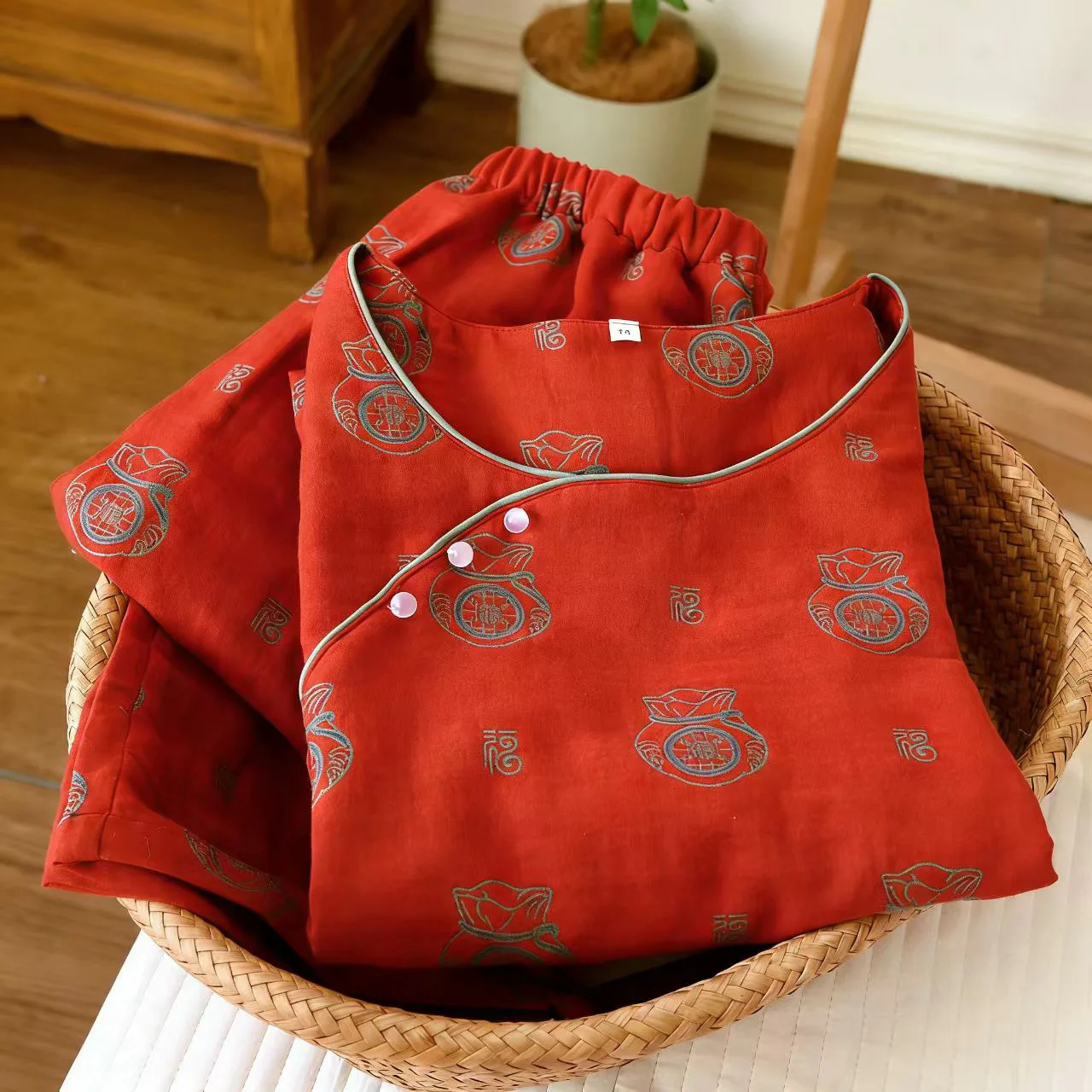 Spring Chinese Style Cotton Sleepwear Pajamas Clothes Women's Long Sleeved Pullover Trousers 2 Pcs Women Pijama Suit