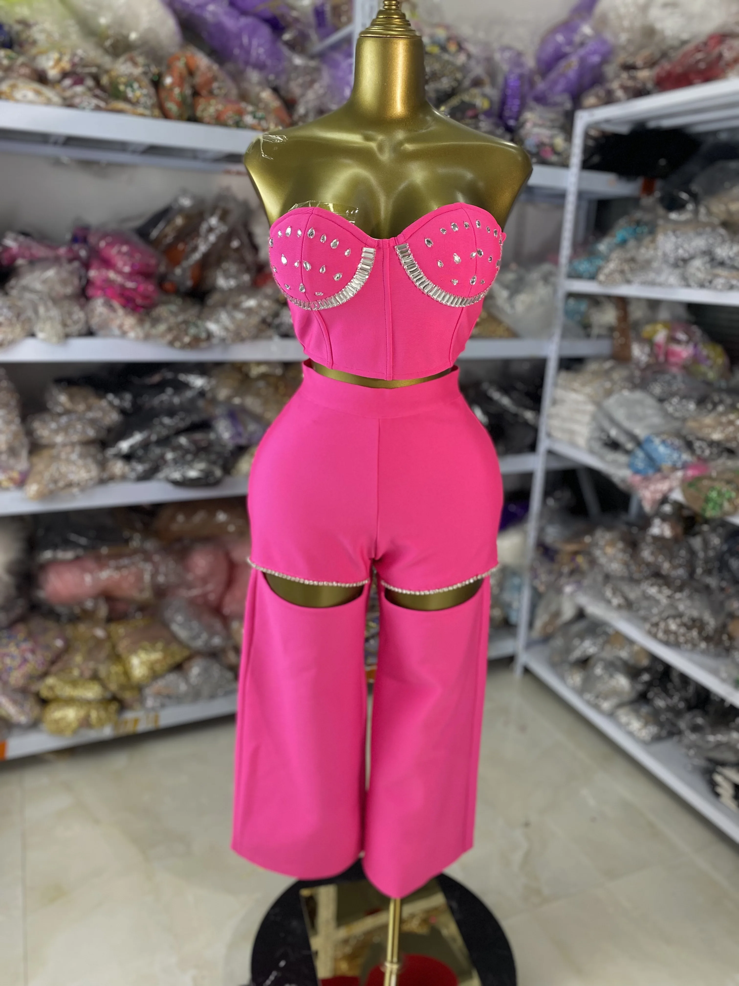 Fábrica atacado feminino hotpink bandage outfits tubo de cristal superior e calças casuais de malha duas peças define festa do clube à noite
