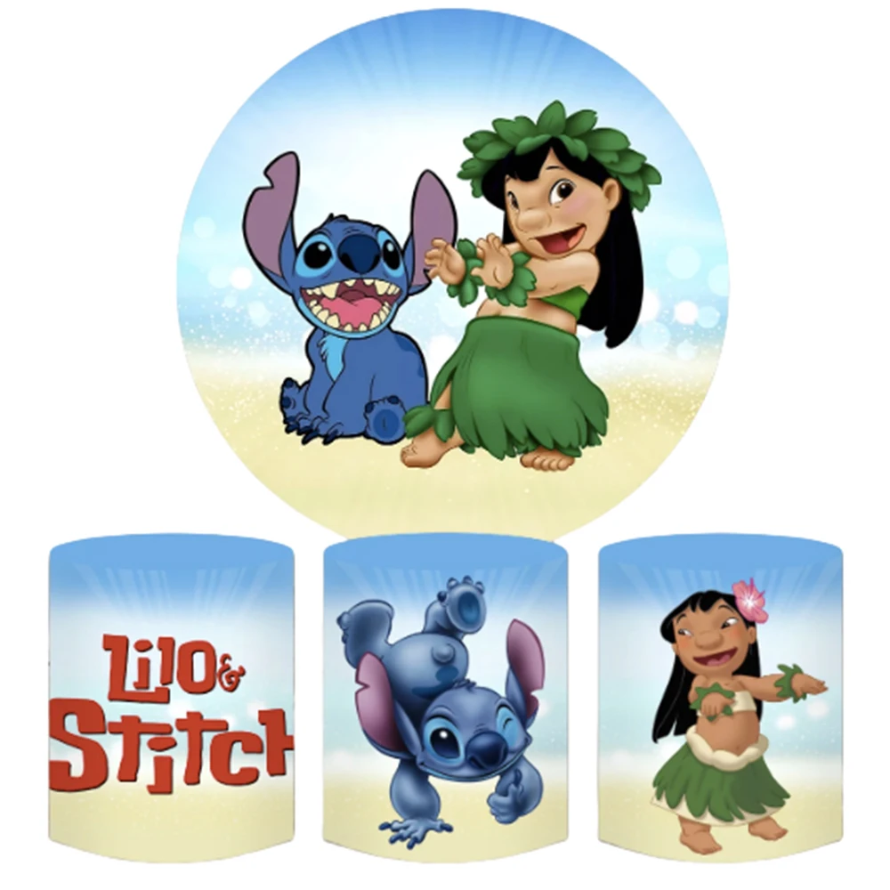 

Lilo & Stitch Round Backdrop And 3 Cylinder Covers Photo Background For Photography Baby Shower Birthday Party Decoration Props