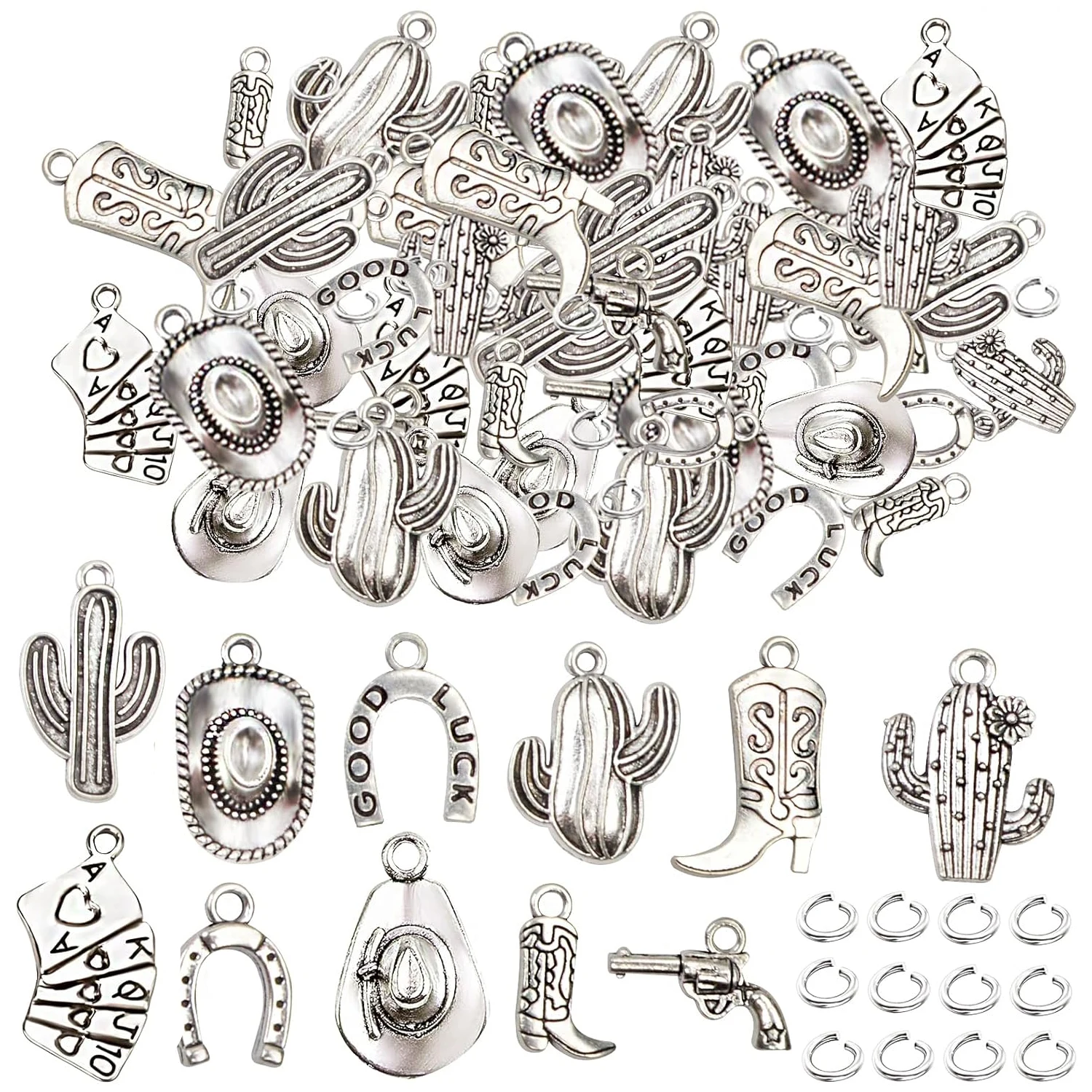 

100 Grams Alloy Western Cowbo Cowgi Charms Antique Silver Mixed Cowb Boot Hat Horseshoe Dangle Pendants with 80pcs Split Rings