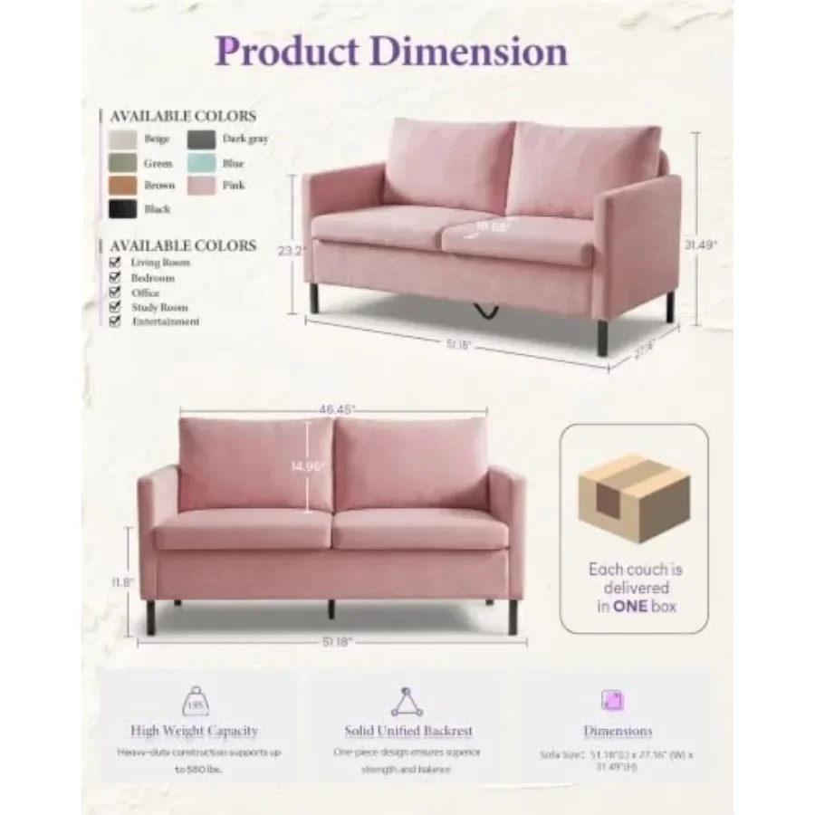51'' Small Couch Loveseat for Small Spaces, Fabric Upholstered, Gray, Compact 2-Seater with High-Density Foam Cushions