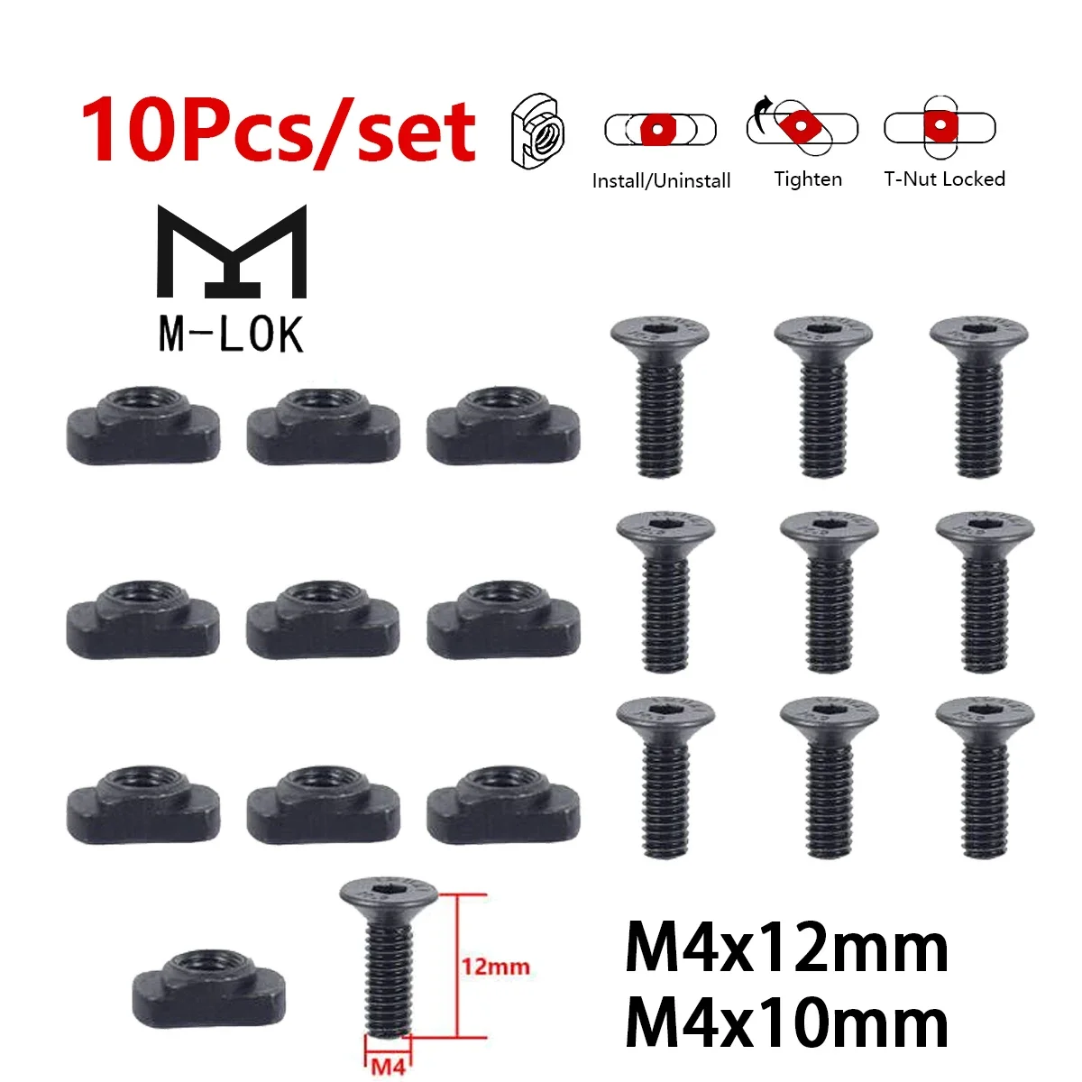 

10 Pcs/set M-LOK Screw and Nut Replacement Rail T-Nut Screw Replacement Set For MLOK Rail Airsoft Rifle Hunting Gun Accessories