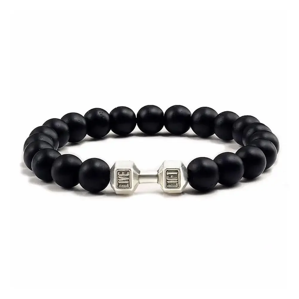 New Natural Black Volcanic Lava Stone Dumbbell Bracelet Black Matte Beads Bracelets Fitness Barbell Jewelry Pulseras for Women