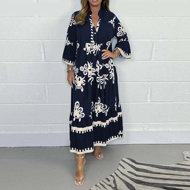 Vestidos Women\'s Printed Loose Ethnic Retro Dress Spring V Neck Button A-Line Long Dress Summer 3/4 Sleeve Bohemian Maxi Dresses