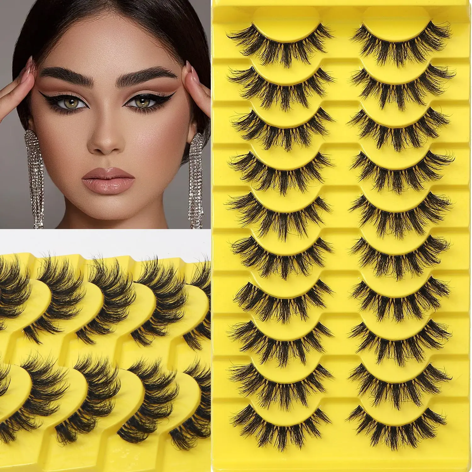 10 Pairs Light European American Style False Eyelashes Fox Eye Dramatic Volume & Curly with Clear Invisible Band