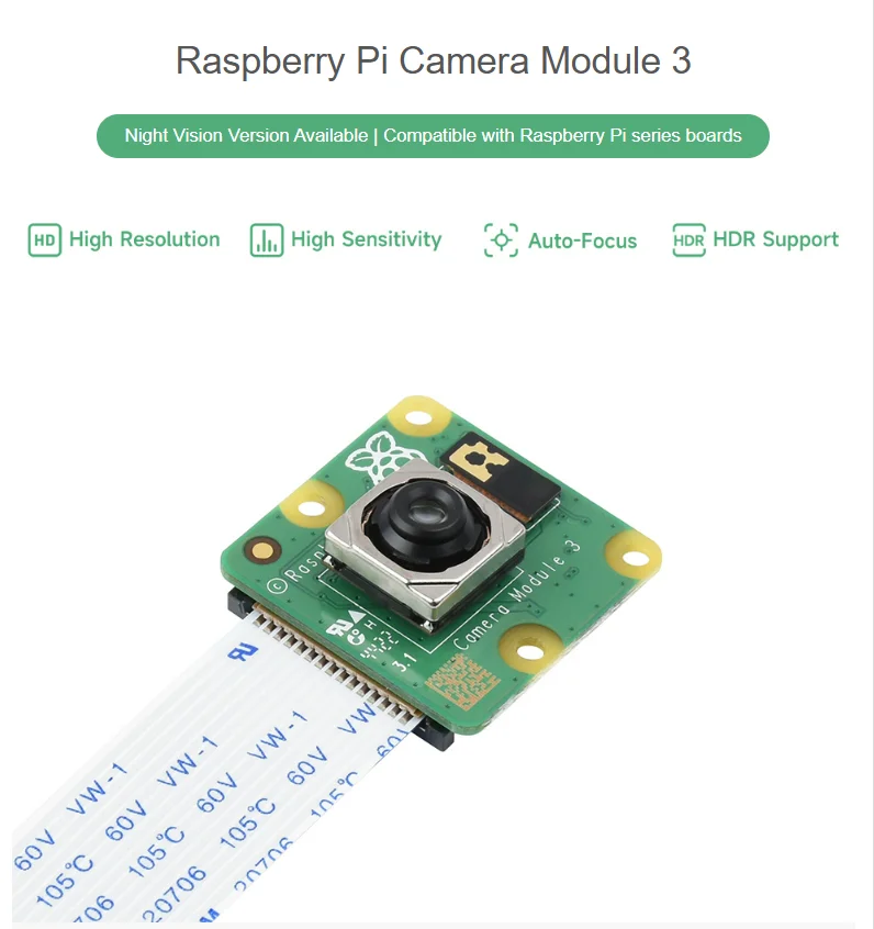 Raspberry Pi Camera Module 3, 12MP High Resolution, Auto-Focus, IMX708, Options for FOV and Night Vision Function