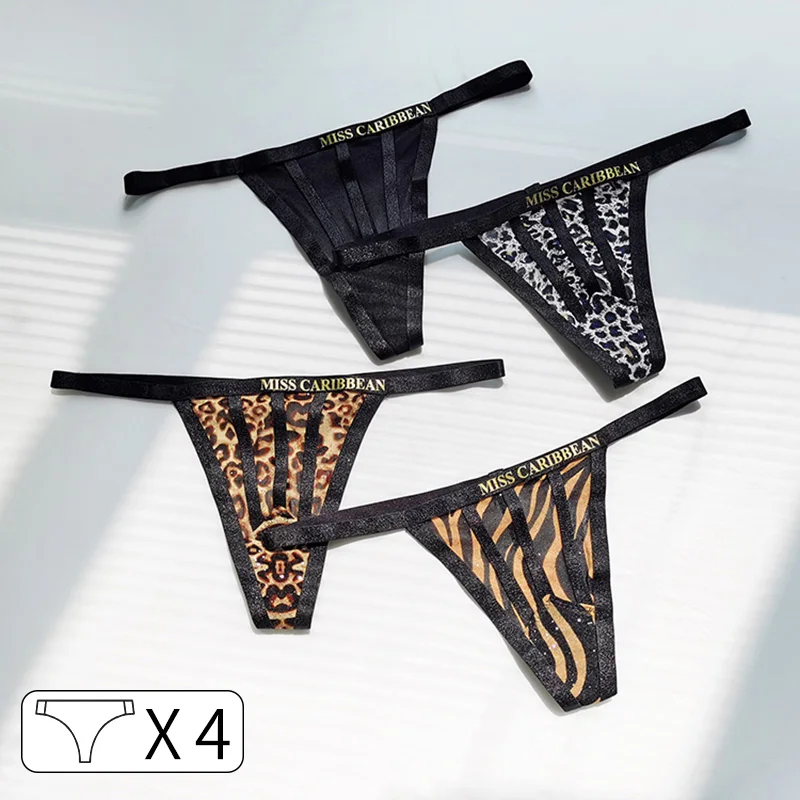 4Pcs Seamless Hot Sexy Leopard Thongs Thin Erotic Women Panties Mesh Underpants Temptation Girls Briefs Traceless Fitness Tanga