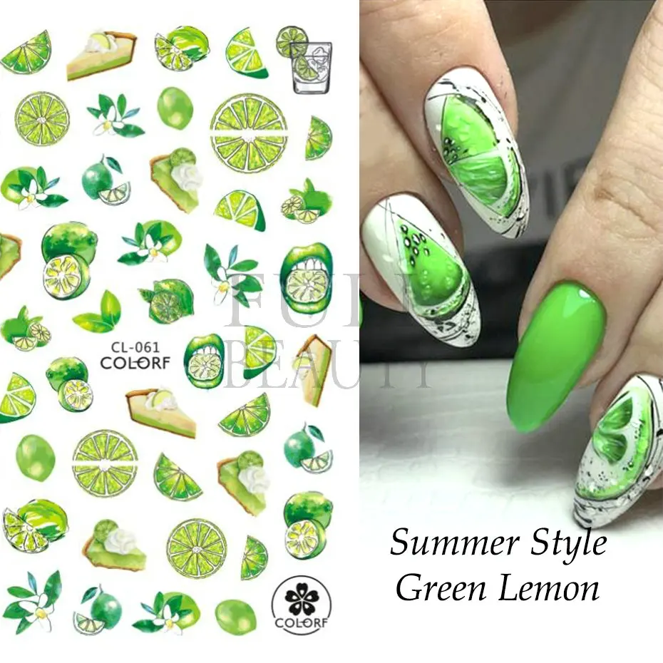 Fresh Green Stickers For Summer Nails Art Lemon Kiwi Fruit Gel Nail Polish Adhesive Sticker Sliders Manicure Decorations CL-061