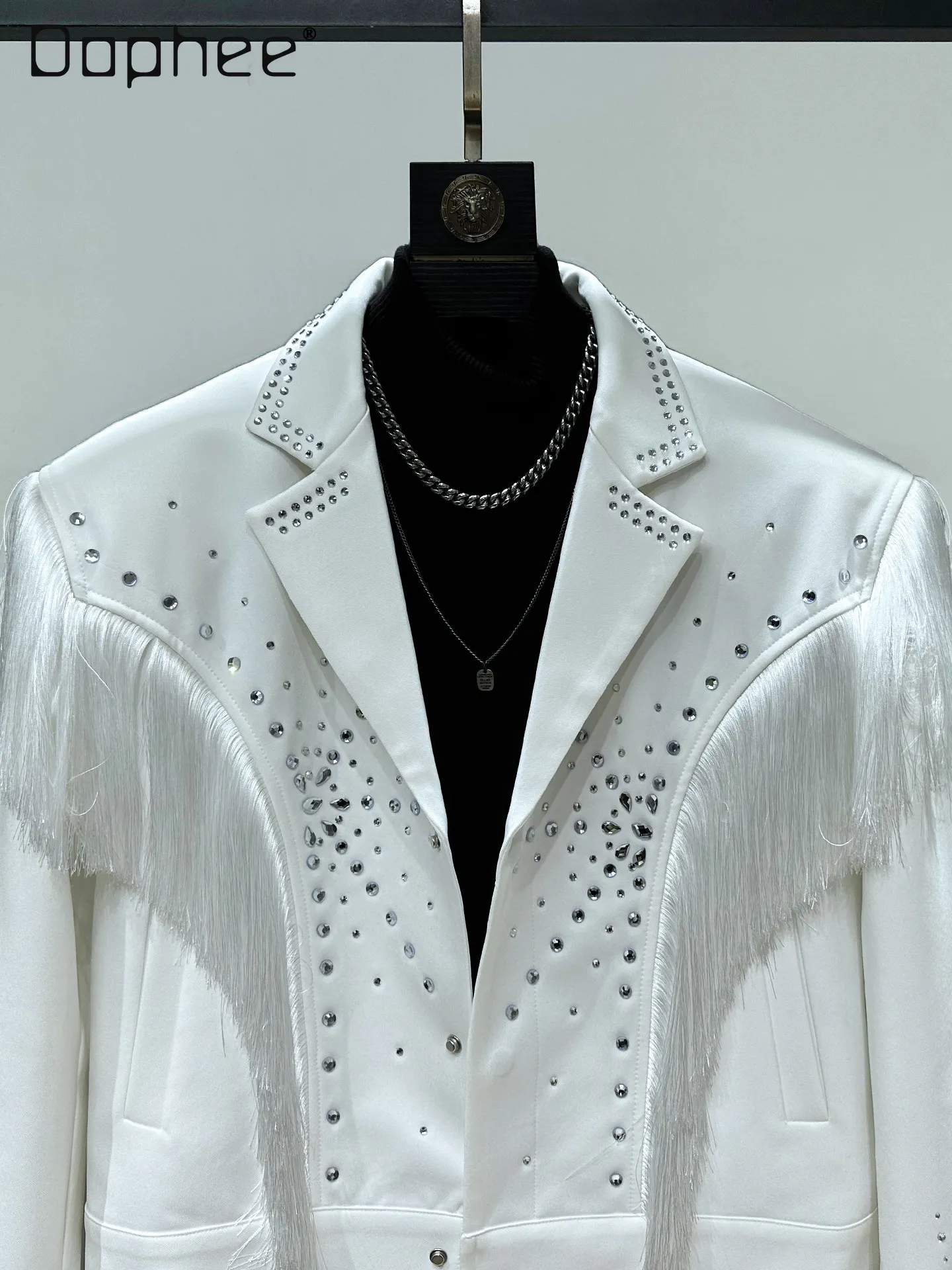 

Spring Autumn Korean Style Men's Hot Diamond Tassel White Loose Casual Blazer Stage Performance Design Short Versatile Jacket