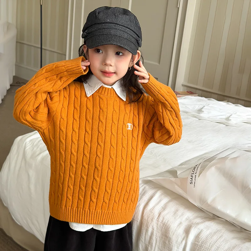 2025 Winter Atmosphere Knitted Tops for Boys and Girls Comfortable and Casual Solid Color Versatile Twist Sweaters Boutique