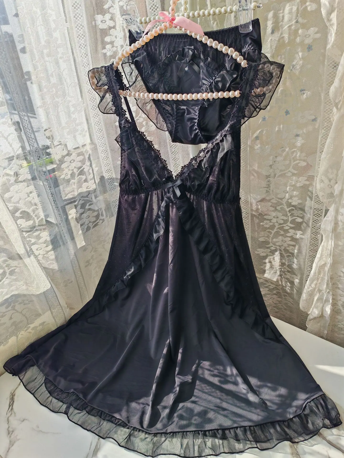 Women Black Ice Silk Nightgown Set Spaghetti Strap Bow Lace Ruffle Sleep Dress With Matching Panties Sexy Lingerie Home Pajamas view 6