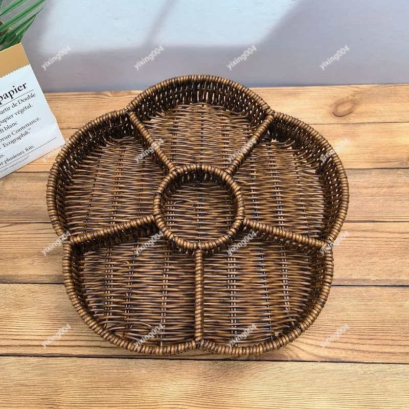 Imitation Rattan Divided Storage Basket Iron Snack Fruit Tray for Tabletop Decor