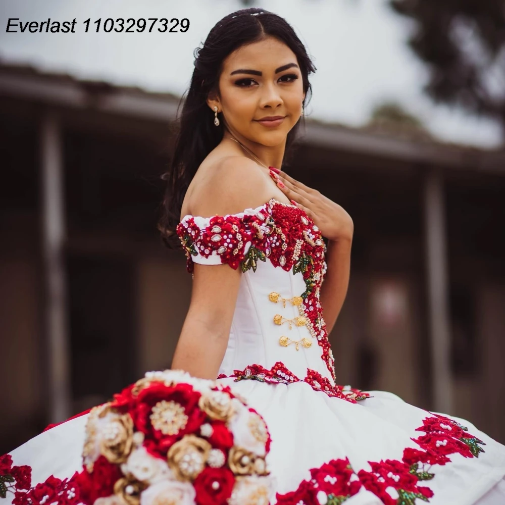 EVLAST Customized Mexican Red White Quinceanera Dress Ball Gown Applique Beading Ruffles Sweet 16 Vestido De 15 Anos TQD927