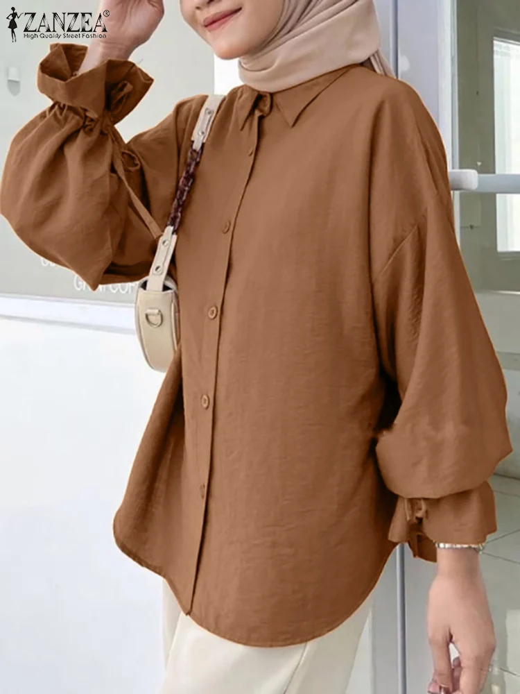 

ZANZEA Fashion Muslim Blouse Woman Long Sleeve Lapel Neck Tunic Tops Casual Work Shirt Femme Solid Blusas Islamic Clothing 2025