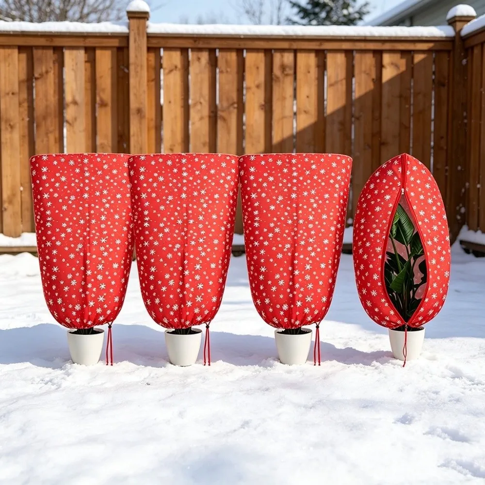 Non-woven Plant Frost Cover Snowflake Print with Zipper & Drawstring Tree Freeze Protection Cover Plant Warm Cover