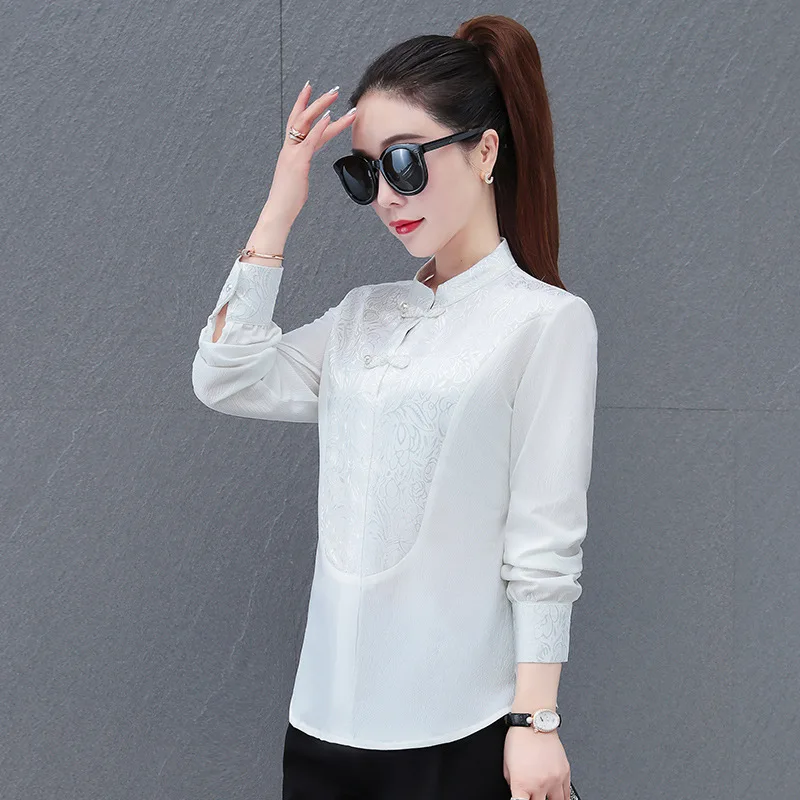 New Chinese White Shirts Women Spring FALL 2024 Ladies Elegant Mamianqun Matching Mock Neck Long Sleeve 2 Frog Dobby Blouse Top