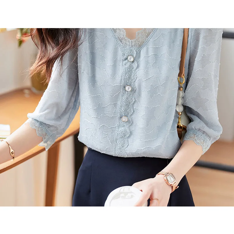 Three Quarter Sleeved V-neck Chiffon Pullover Tees for Women Summer Clothes V-Neck Splicing Lace Grayish Blue Loose Straight Top