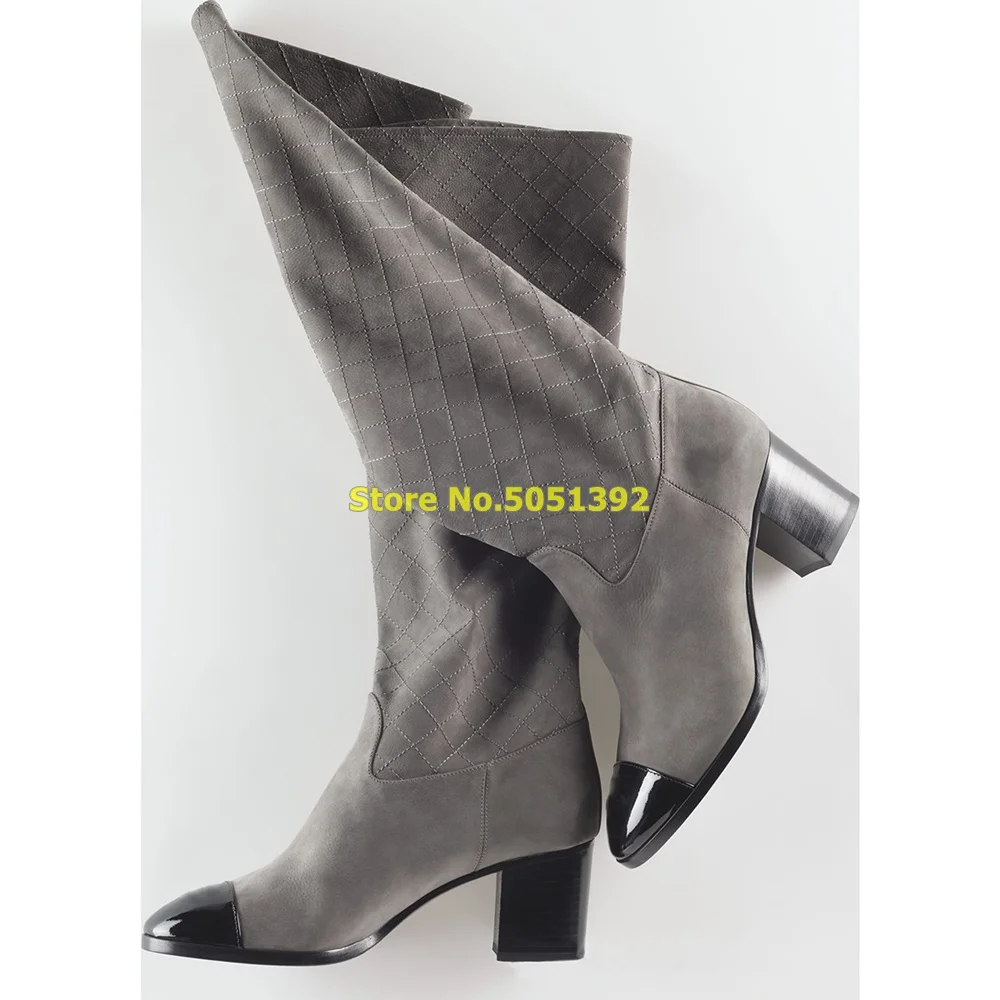 2024 stivali alti al ginocchio con tacco largo in pelle scamosciata grigio Patchwork punta tonda autunno inverno scarpe da donna Slip On Slouchy