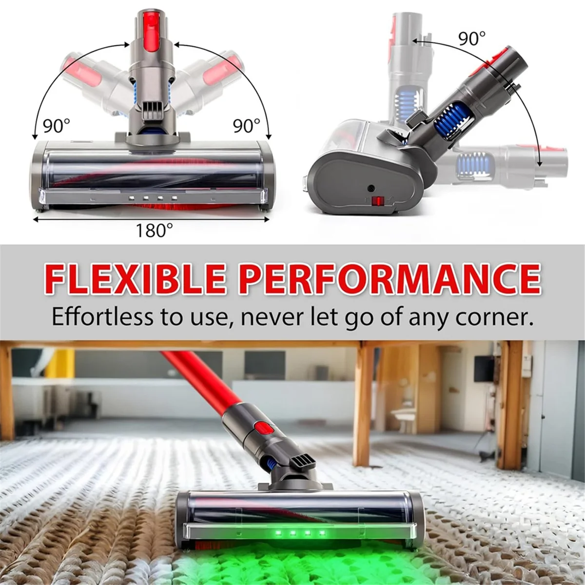 Escova ecológica para aspirador de pó dyson v7 v8 v10 v11 v15, cabeça de escova de chão com luzes led verdes para tapetes e pisos duros