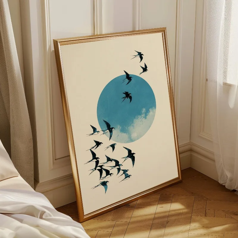 Minimalist Japanese  Sunset Flock of Birds Canvas Painting Poster Print  Wall Art, Modern Nature for Living Room Home Decor