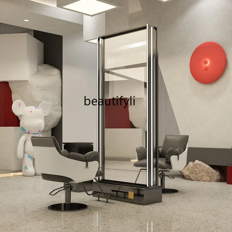 Double-sided floor-to-ceiling mirror table Stainless steel barber shop hair cutting mirror Single-sided wall-mounted mirror