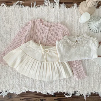 Baby Girls' Scalloped-Neck Cable Knit Cardigan 3 2026 Spring Casual Children Sweater Pink Cable Knit Openwork Scalloped Neck Cardigan for 6M-4T Girls Soft Kids Clothes 3