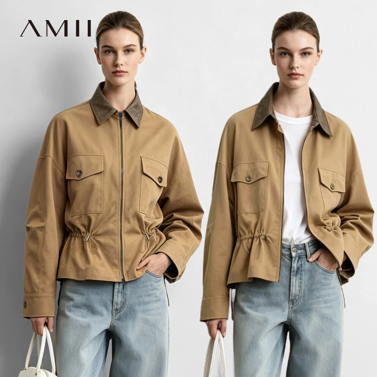 Amii Women Jacket Autumn Fashion Short Coats Contrast Lapel Drop Shoulder Adjustable Elastic Waist Casual Loose Outwear 12623080