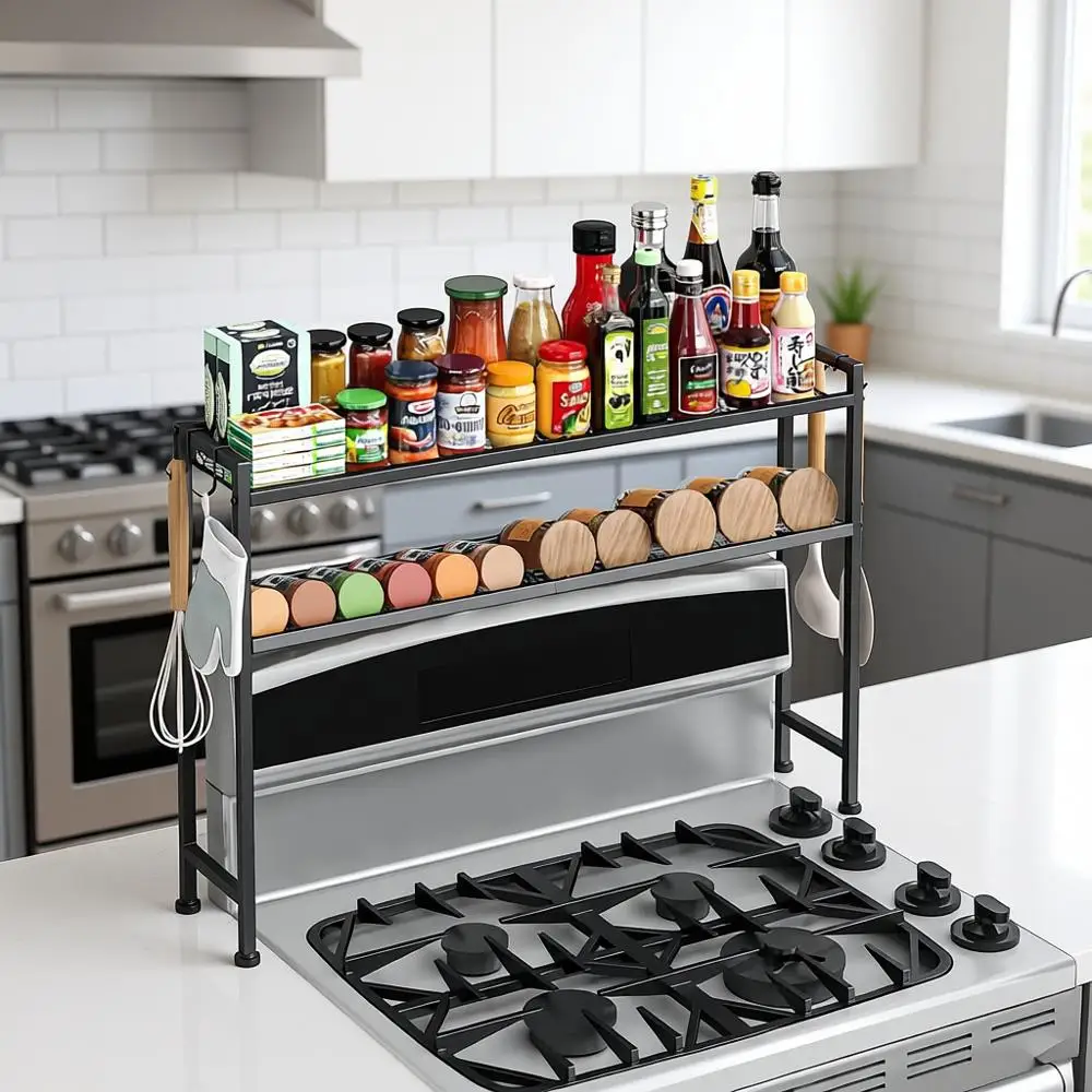 

33 Inch Stove Top Shelf, 2 Tier Spice Rack Shelf, Kitchen Without Upper Cabinets, 4 Hooks, Seasoning Organizer, Over Stove Rack