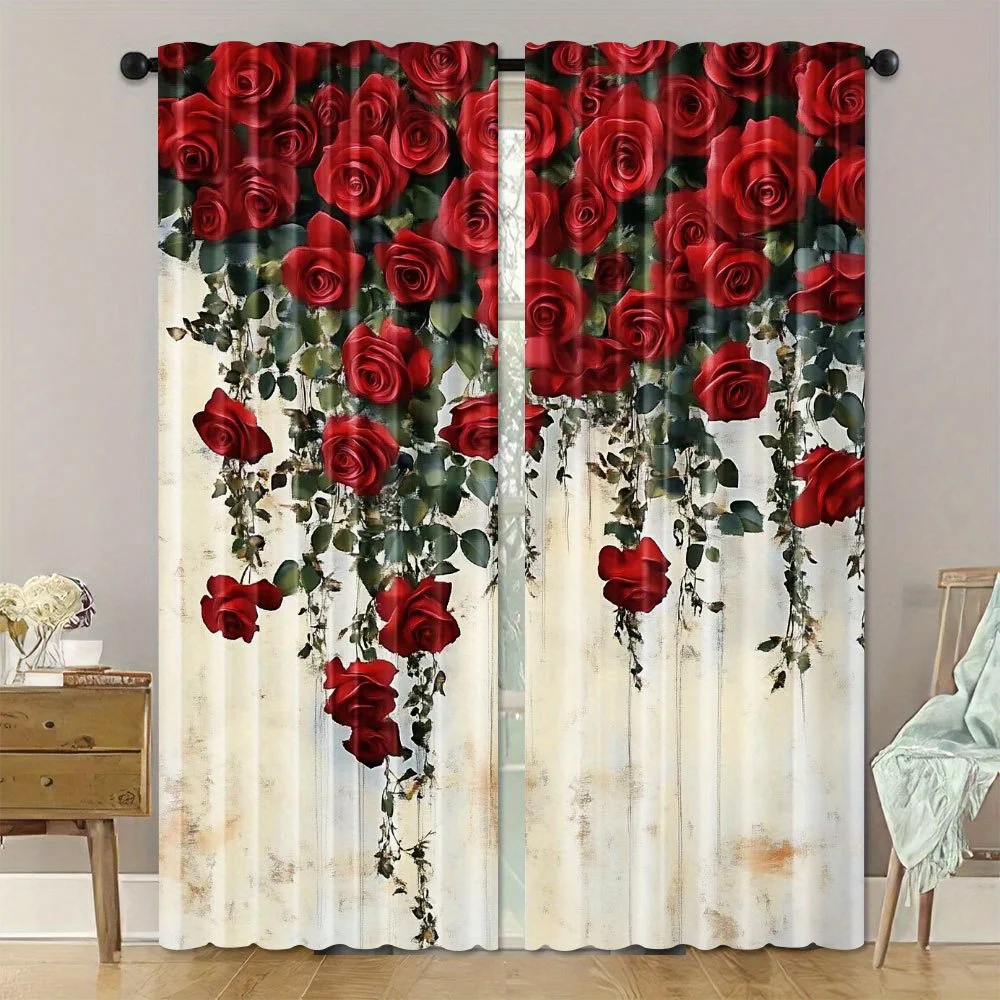 2pcs Red Rose Vine Curtains Peach Skin Polyester Romantic Living Room Bedroom Home Decor