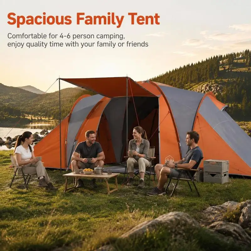 Tente de camping dôme pour 6 personnes, gris-orange, abri familial extérieur avec intérieur spacieux et design portable pour jardin, patio, terrasse, camping, pique-nique, voyage, cabane moderne pour la vie en plein air, parfaite pour le camping, la randonnée et les voyages en plein air.