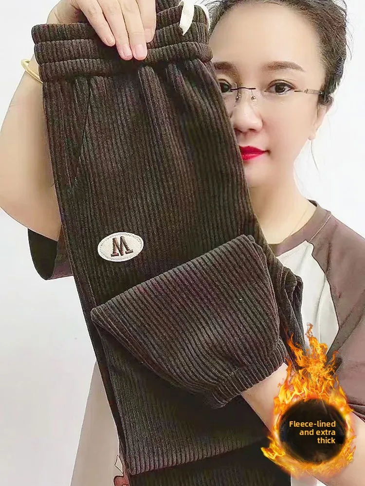 

Женские вельветовые брюки в стиле Харадзюку, осенне-зимние, утепленные флисом, свободного кроя, больших размеров, с высокой талией, утягивающие, бархатные, в стиле «папины брюки»