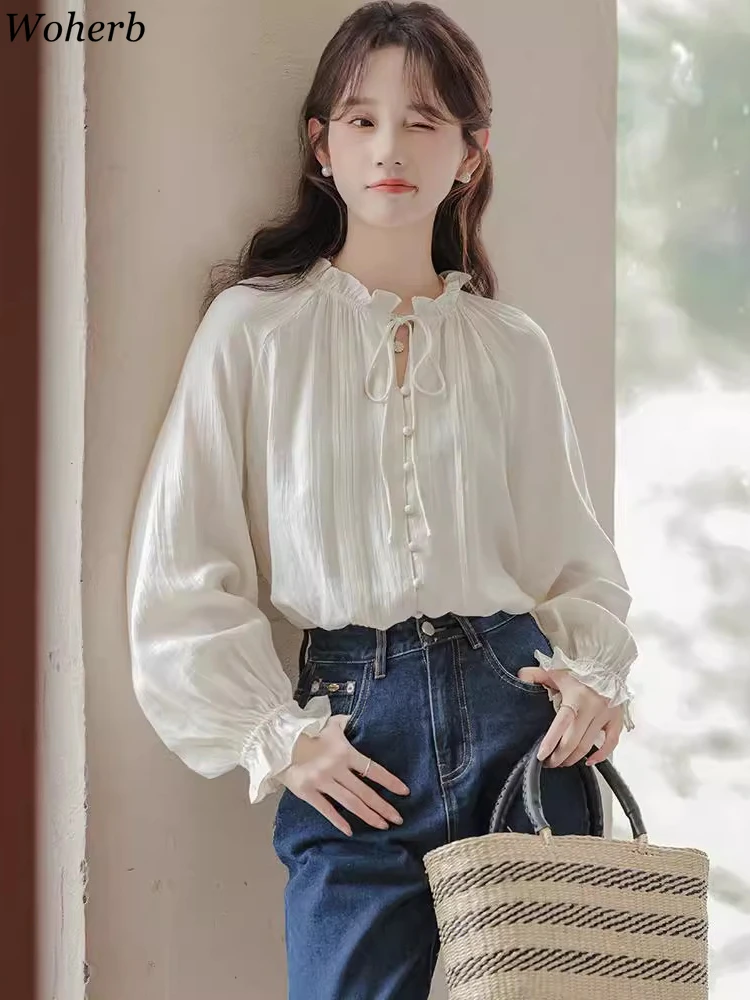 Solid Blouse Women Clothes 2024 Camisas De Mujer Ruffled Collar Elegant Shirts Sweet Flare Sleeve Tops Vintage All Match Blouses