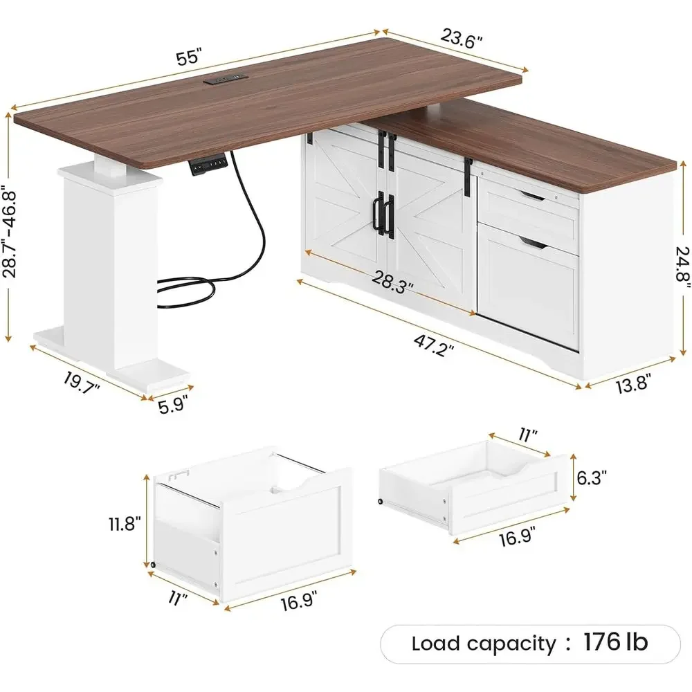 55-inch L-Shaped Adjustable Height Standing Desk with Storage and Power Outlet, White for Home Office