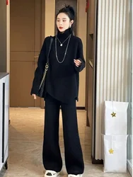 Black Knitted Ladies Trouser Wide Leg Baggy Autumn Winter Crochet Women's Pants Two Piece Set Sweater Full Top and Bottom Cheap