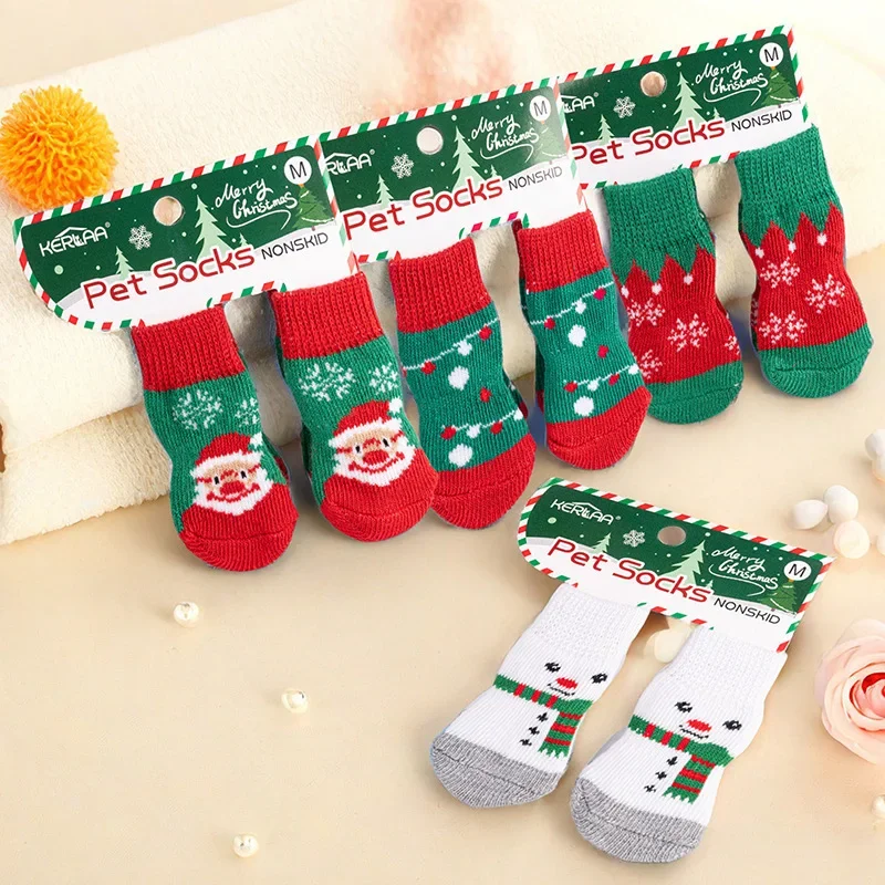 Christmas Socks for Santa Claus Elk Snowman Pet Socks Non Slip Foot Cover Christmas Supplies Dog Shoes for Small Dogs