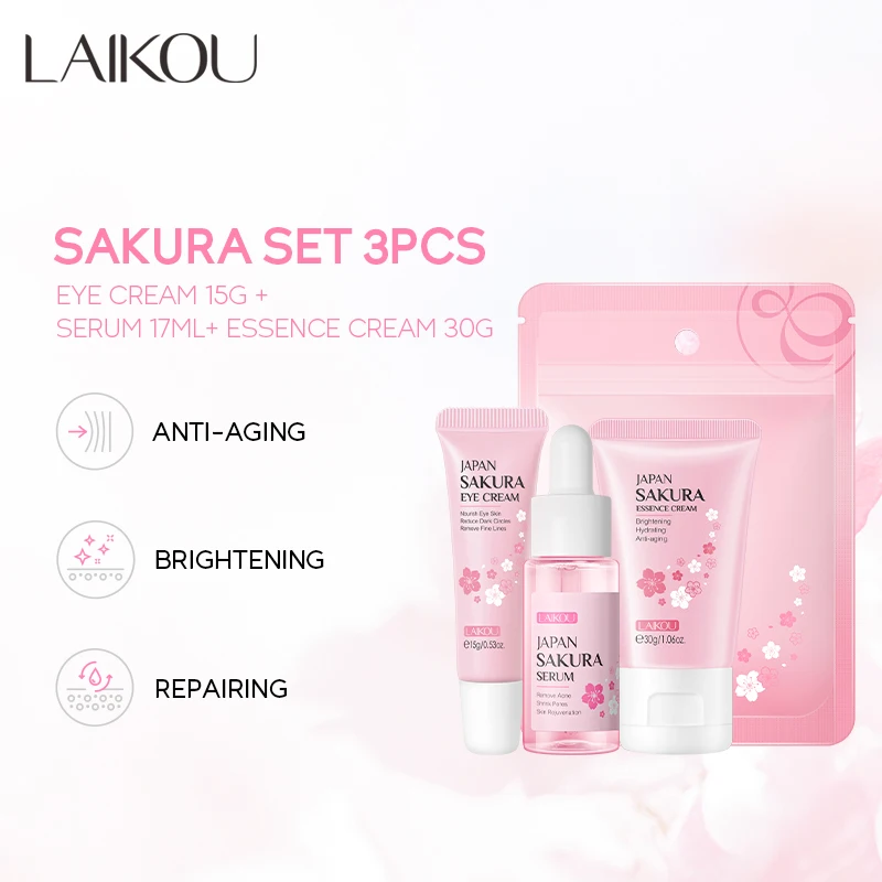 LAIKOU Sakura Brightening Facial Serum Lighten Blemishes Cream Reduce Wrinkles Moisturizer 3pcs/Set