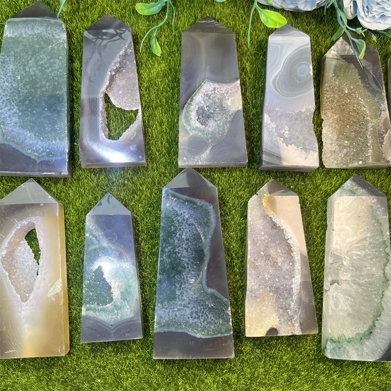 Wholesale Natural Hand Carved Grey Agate Druzy Tower Agate  Polished Crystal Point For Agate