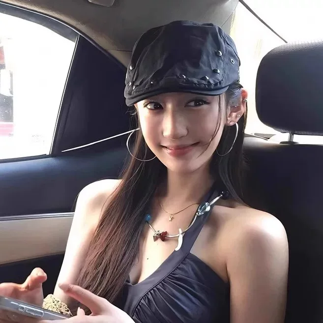 Rivet Retro Forward Hat Women's Spring Autumn Beret Thin Sunshade Sunscreen Spice Girl Versatile Casual Woman Shows Small Face