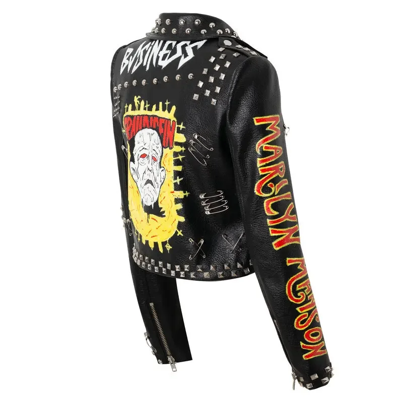 Chaqueta corta de piel sintética con estampado de grafiti en contraste para mujer, ropa de calle negra ajustada, chaqueta de motocicleta con