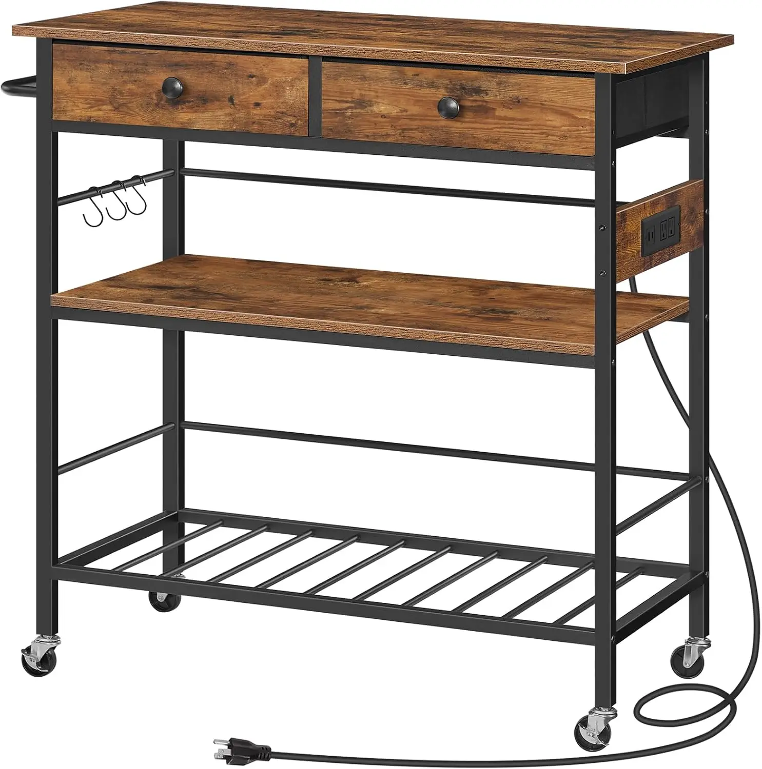 

Передвижная кухонная тележка-остров с местом для хранения, 2 ящиками, розеткой и подставкой для микроволновой печи, цвет: рустик-коричневый