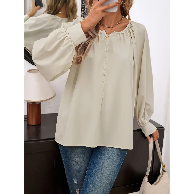 New Cross-border Popular Amazon AliExpress Temu European and American Women's Clothing V-neck Long Sleeved V-neck Top Wholesale