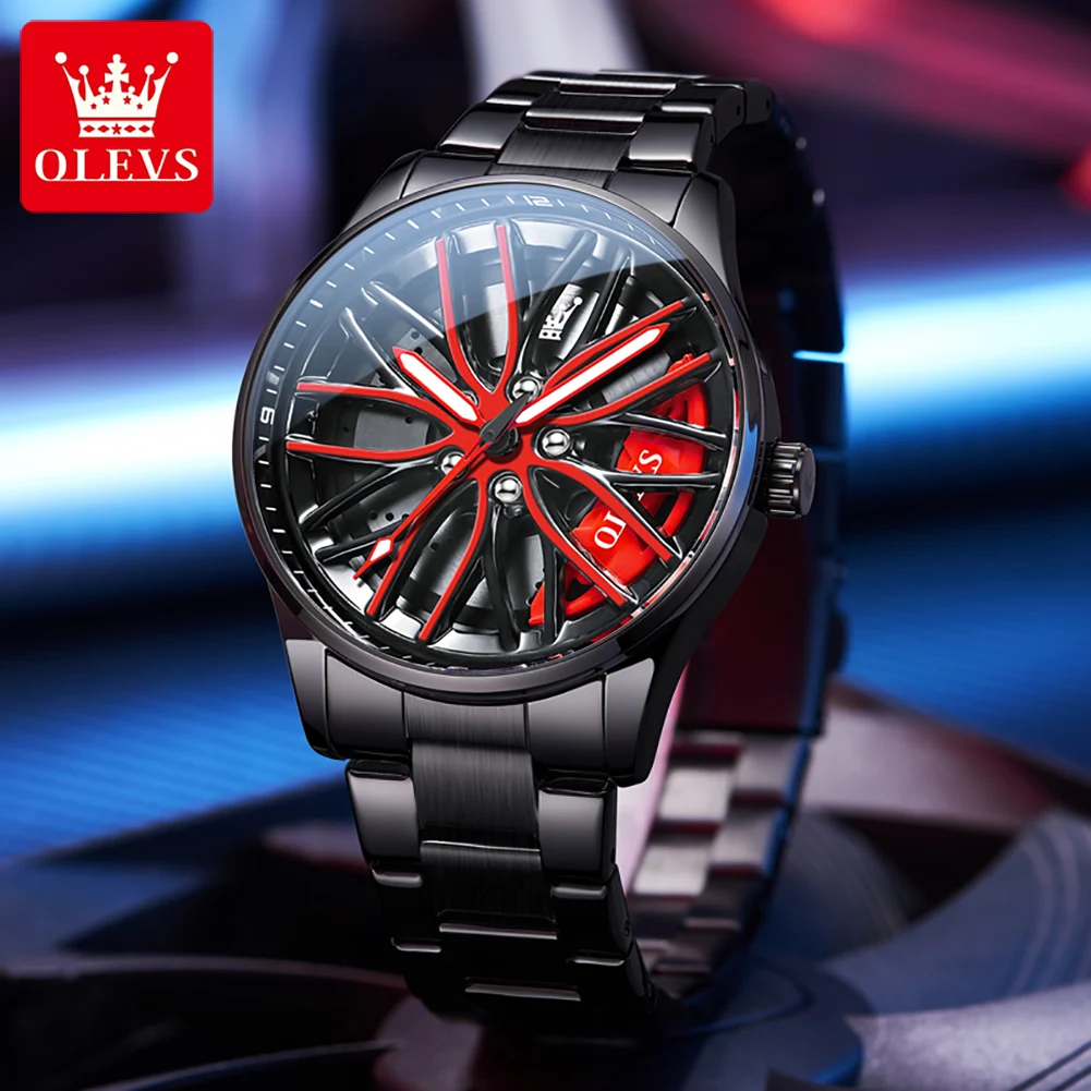 OLEVS Men's Watches Trend Fashion Personality Racing Wheel Hub Dial Original Brand Quartz Wristwatch Waterproof Luminous reloj