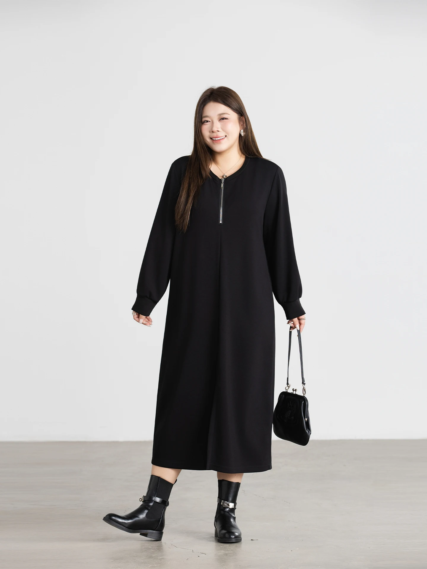 

plus Size Women's Loose Air Layer Sweatirt Dr Mid-Length Slit Slimming Fro for Heavy Girls Casual Zipper Sle