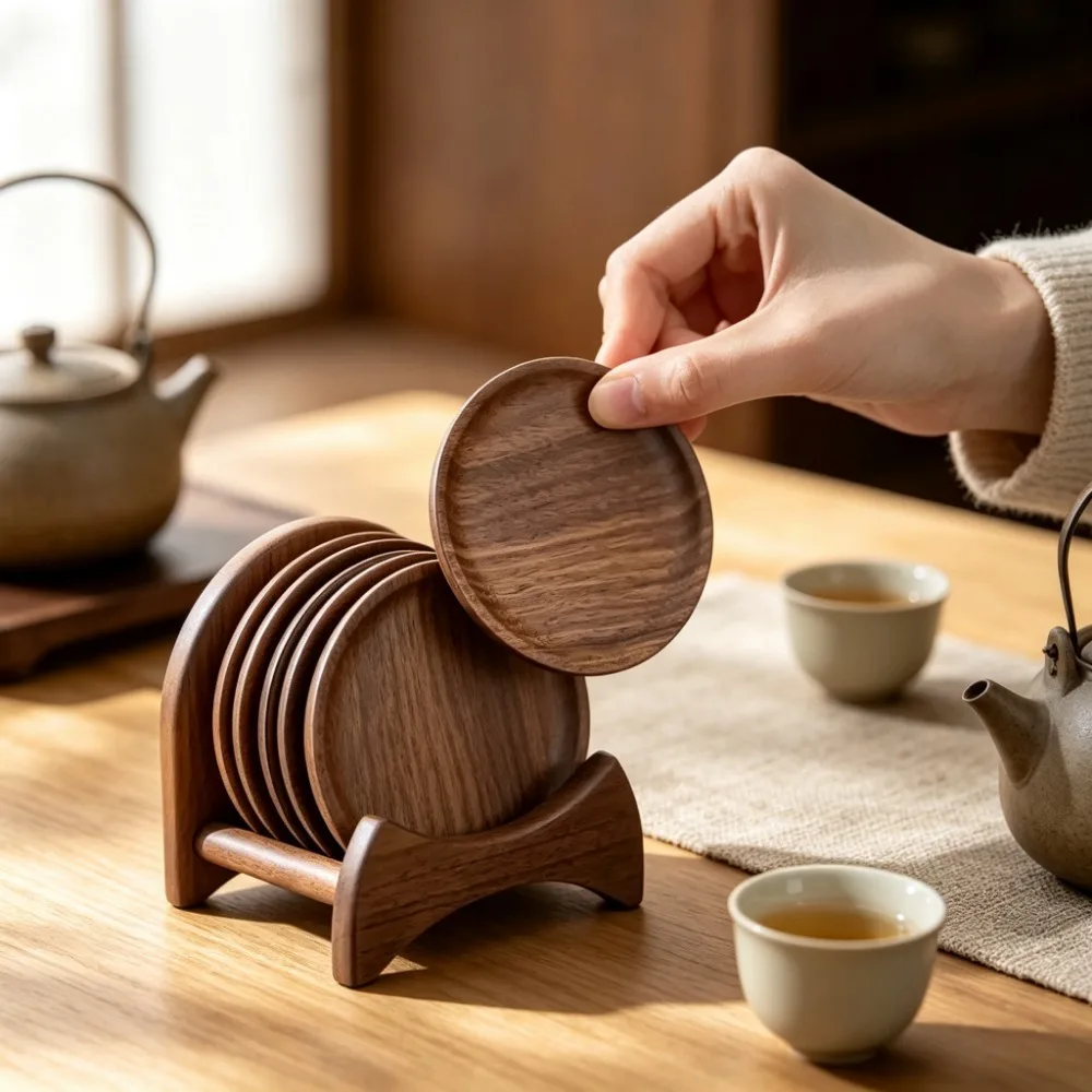 Natural Walnut Wood Coasters with Holder Round Wooden Drink Coaster Set Stackable Tea Coffee Cup Mat Home Decoration Gift