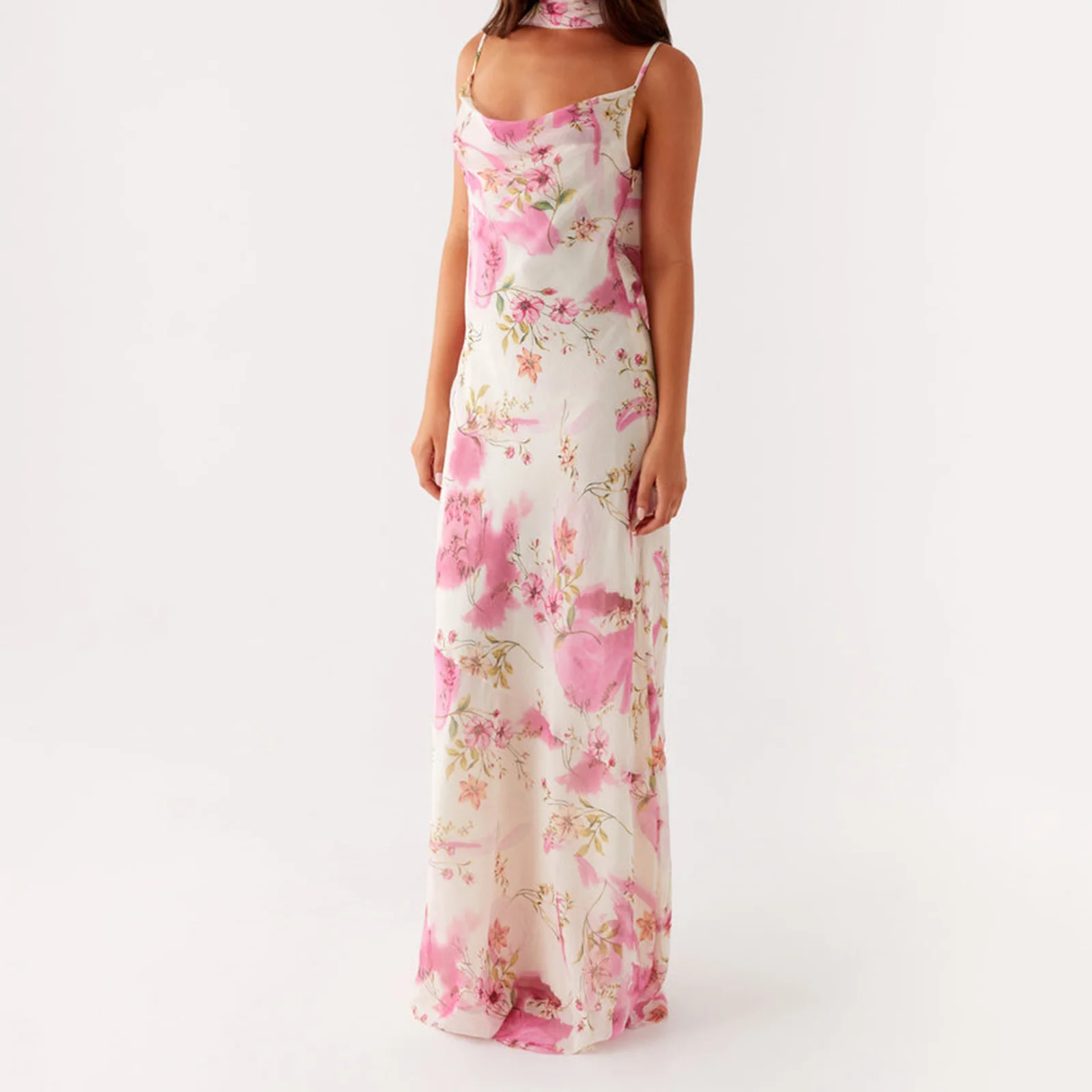 Combhasaki Women Elegant Floral Print Adjustable Thin Spaghetti Strap Sleeveless Summer Casual Cami Long Dress with Choker Scarf