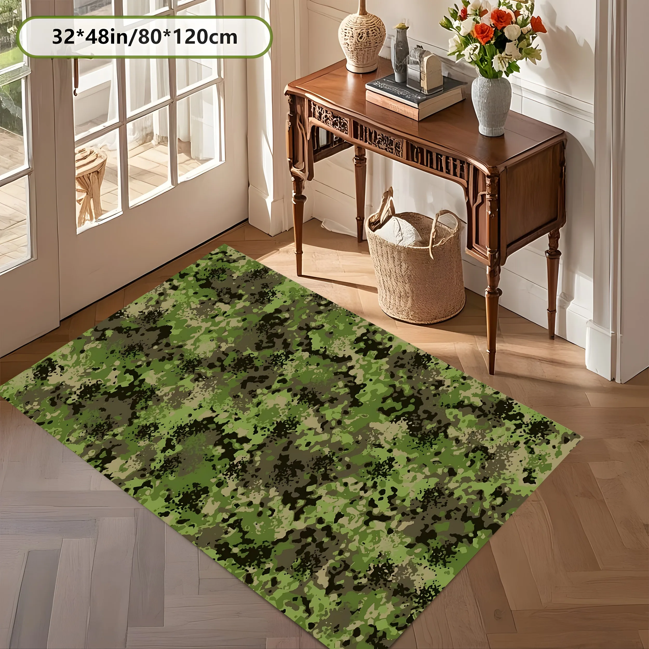 2D Carpet with Green Speckled Moss Texture in Natural Forest Style for Living Room, Bedroom, and Bedside